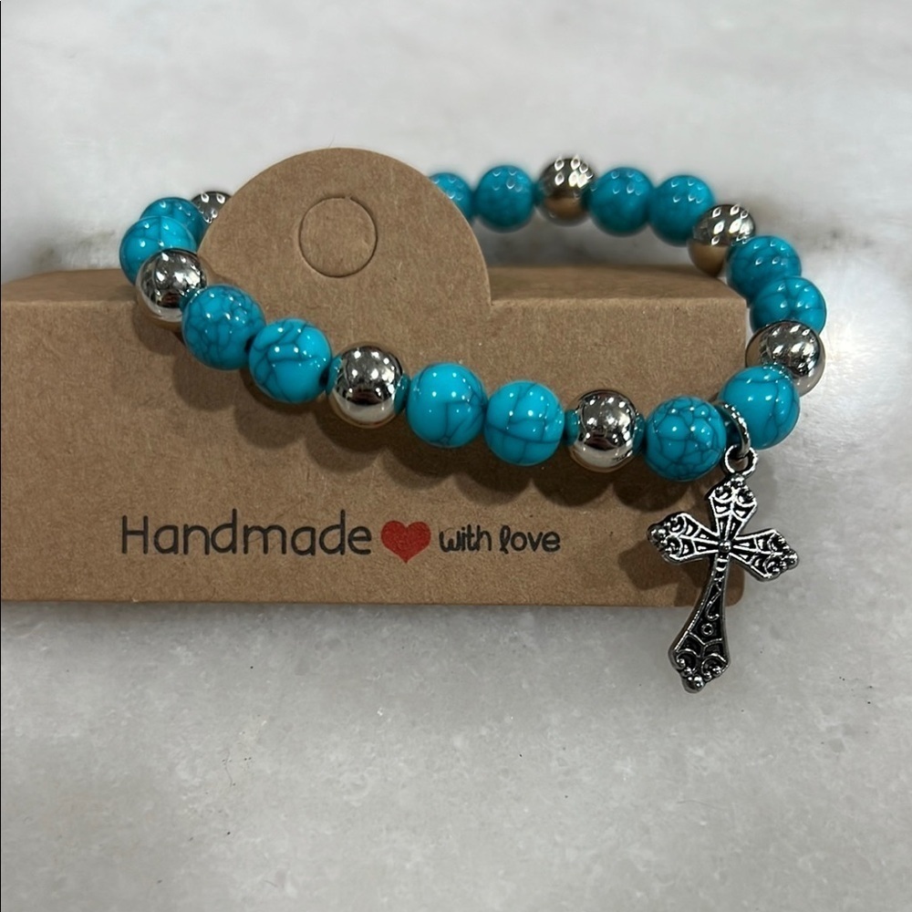 Resin Turquoise and Silver Beaded Bracelet with Cross Charm